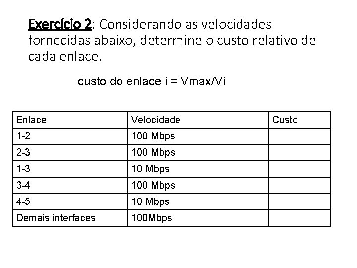 Exercício 2: Considerando as velocidades fornecidas abaixo, determine o custo relativo de cada enlace.