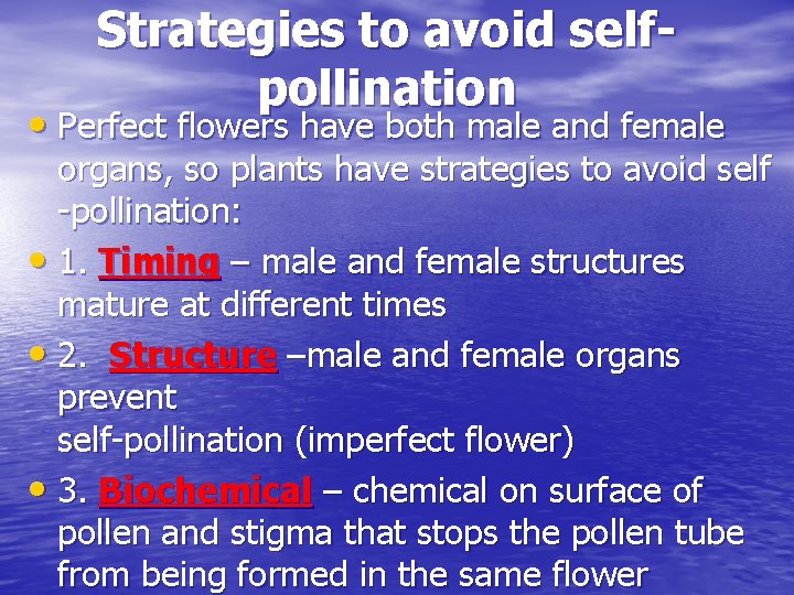 Strategies to avoid selfpollination • Perfect flowers have both male and female organs, so