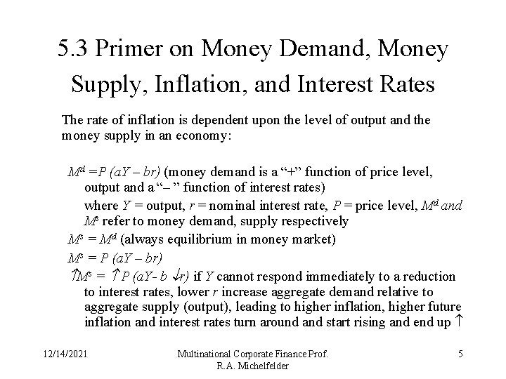 5. 3 Primer on Money Demand, Money Supply, Inflation, and Interest Rates The rate