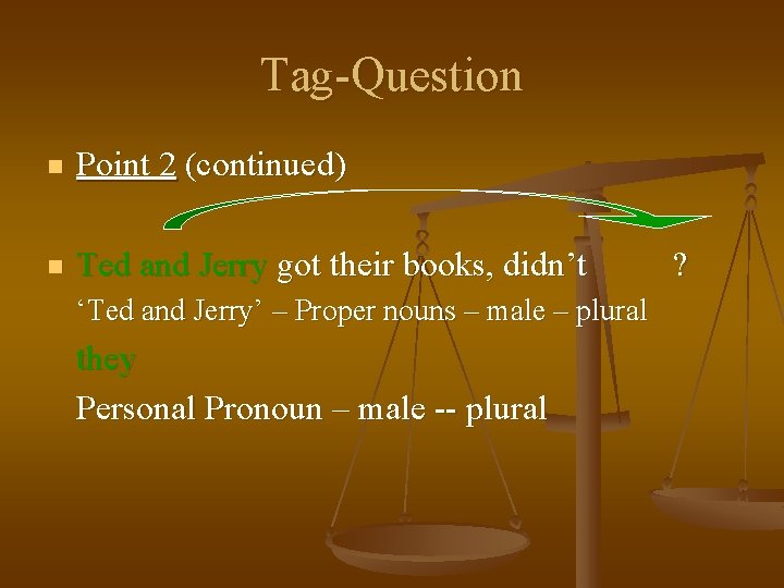 Tag-Question n Point 2 (continued) n Ted and Jerry got their books, didn’t ‘Ted