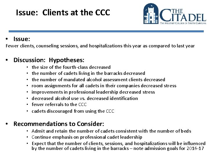 Issue: Clients at the CCC • Issue: Fewer clients, counseling sessions, and hospitalizations this