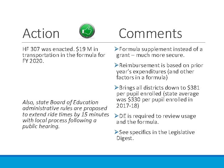 Action HF 307 was enacted. $19 M in transportation in the formula for FY