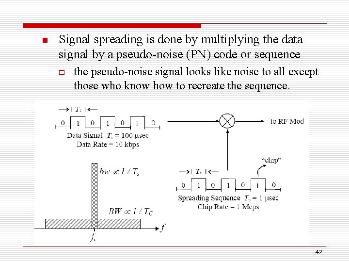 n Signal spreading is done by multiplying the data signal by a pseudo-noise (PN)