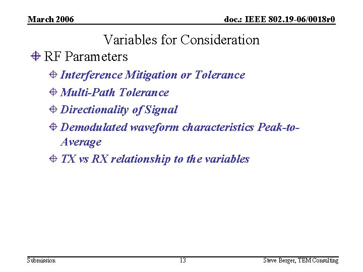 March 2006 doc. : IEEE 802. 19 -06/0018 r 0 Variables for Consideration RF