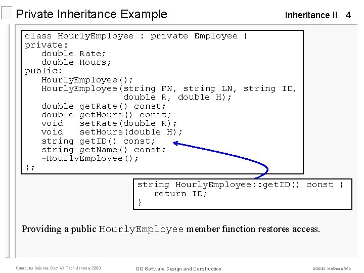 Private Inheritance Example Inheritance II 4 class Hourly. Employee : private Employee { private: