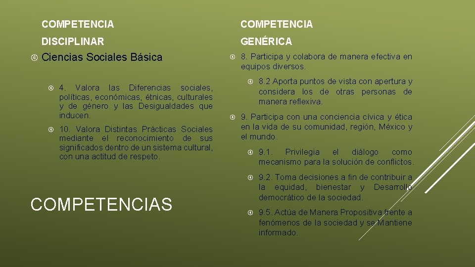  COMPETENCIA DISCIPLINAR GENÉRICA Ciencias Sociales Básica 4. Valora las Diferencias sociales, políticas, económicas,