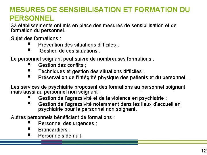 MESURES DE SENSIBILISATION ET FORMATION DU PERSONNEL 33 établissements ont mis en place des