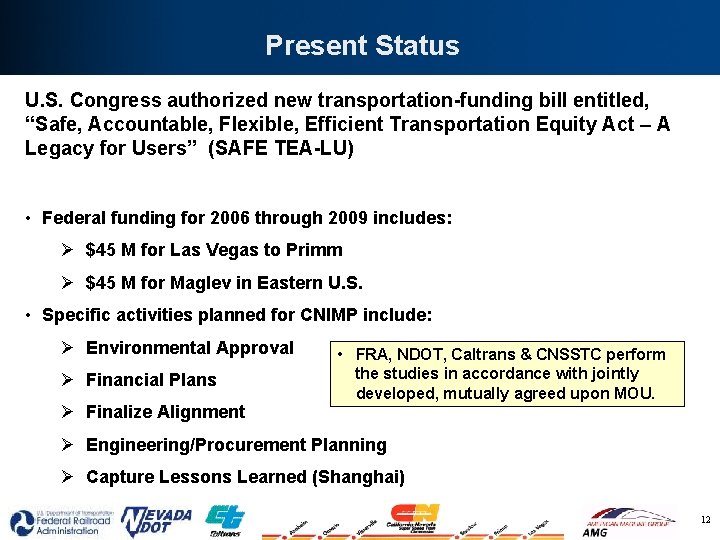Present Status U. S. Congress authorized new transportation-funding bill entitled, “Safe, Accountable, Flexible, Efficient