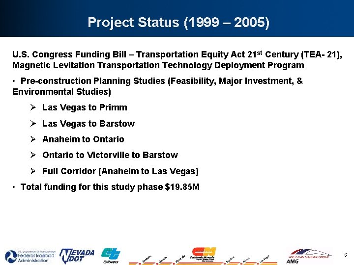 Project Status (1999 – 2005) U. S. Congress Funding Bill – Transportation Equity Act