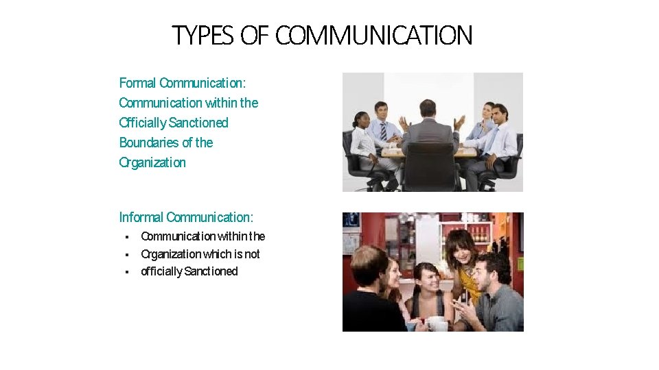 TYPES OF COMMUNICATION Formal Communication: Communication within the Officially Sanctioned Boundaries of the Organization