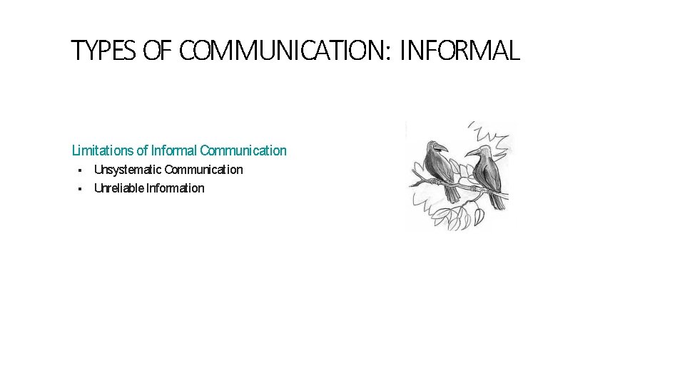 TYPES OF COMMUNICATION: INFORMAL Limitations of Informal Communication Unsystematic Communication Unreliable Information 