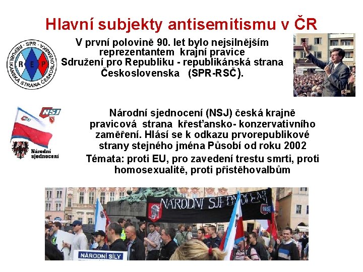 Hlavní subjekty antisemitismu v ČR V první polovině 90. let bylo nejsilnějším reprezentantem krajní