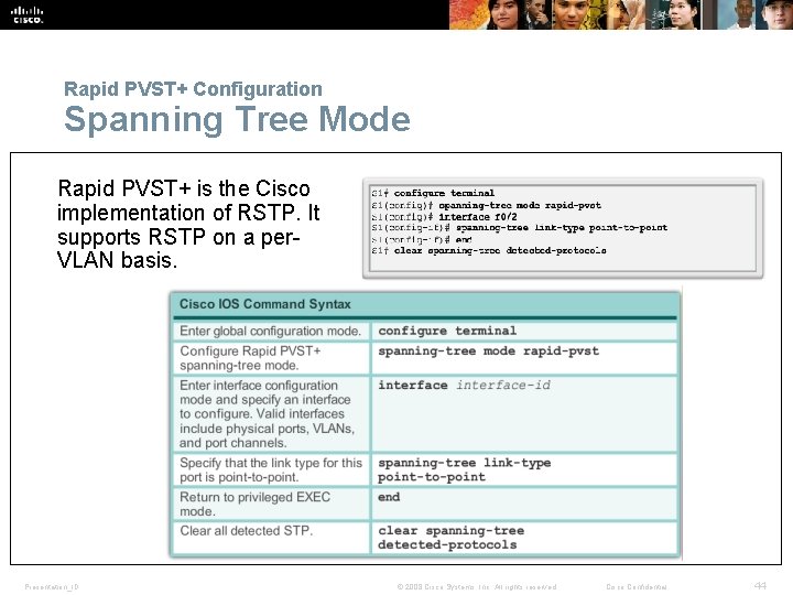 Rapid PVST+ Configuration Spanning Tree Mode Rapid PVST+ is the Cisco implementation of RSTP.