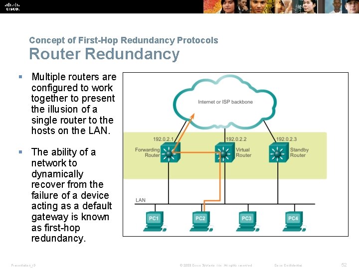 Concept of First-Hop Redundancy Protocols Router Redundancy § Multiple routers are configured to work