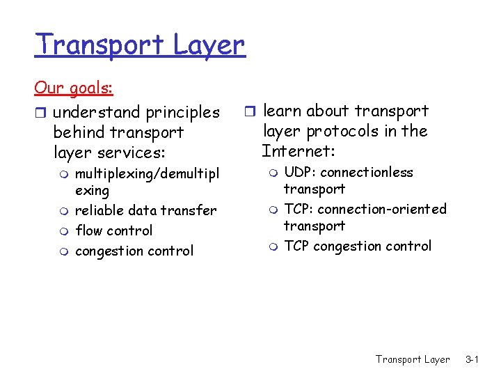 Transport Layer Our goals: r understand principles behind transport layer services: m m multiplexing/demultipl