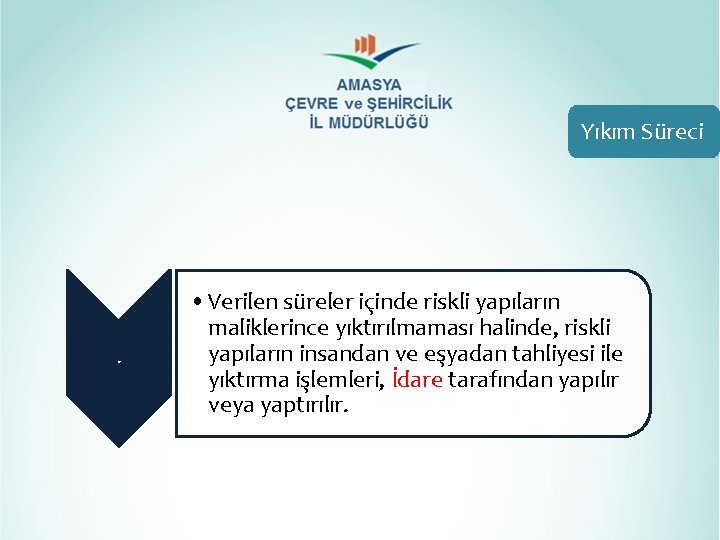 Yıkım Süreci . • Verilen süreler içinde riskli yapıların maliklerince yıktırılmaması halinde, riskli yapıların