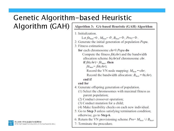 Genetic Algorithm-based Heuristic Algorithm (GAH) 國立清華大學高速通訊與計算實驗室 NTHU High-Speed Communication & Computing Laboratory 