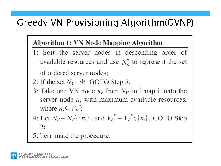 Greedy VN Provisioning Algorithm(GVNP) n sss 國立清華大學高速通訊與計算實驗室 NTHU High-Speed Communication & Computing Laboratory 