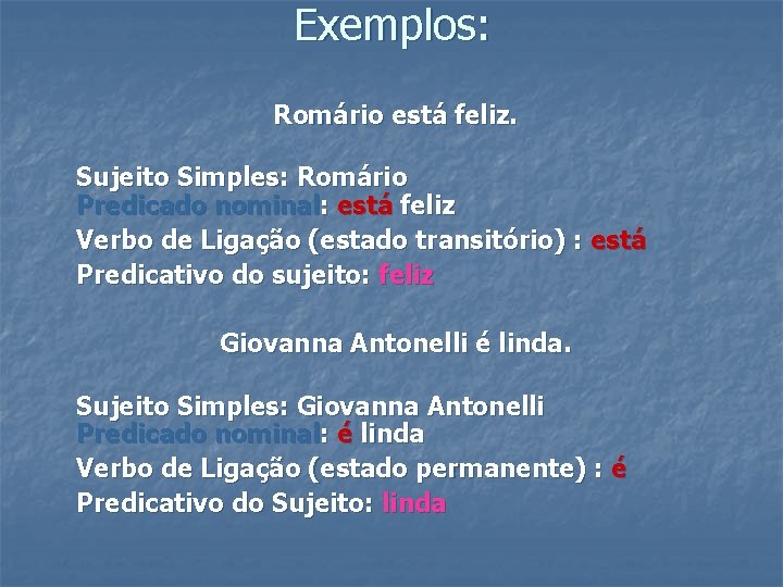 Exemplos: Romário está feliz. Sujeito Simples: Romário Predicado nominal: está feliz Verbo de Ligação