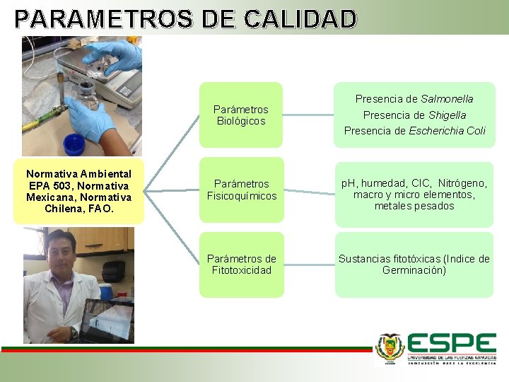 PARAMETROS DE CALIDAD Parámetros Biológicos Normativa Ambiental EPA 503, Normativa Mexicana, Normativa Chilena, FAO. PARAMETROS DE CALIDAD Parámetros Biológicos Normativa Ambiental EPA 503, Normativa Mexicana, Normativa Chilena, FAO.