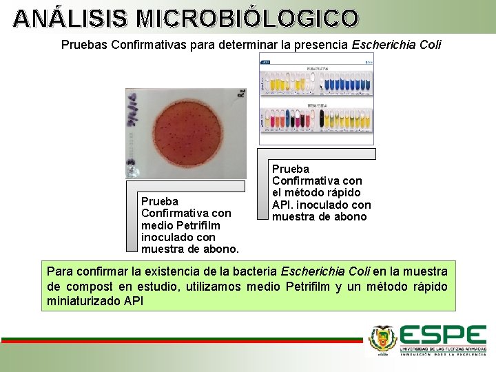 ANÁLISIS MICROBIÓLOGICO Pruebas Confirmativas para determinar la presencia Escherichia Coli Prueba Confirmativa con medio