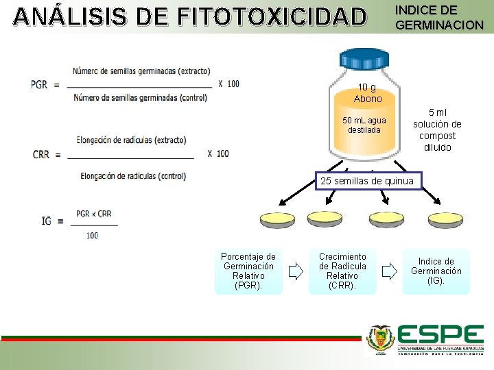 ANÁLISIS DE FITOTOXICIDAD INDICE DE GERMINACION 10 g Abono 50 m. L agua destilada