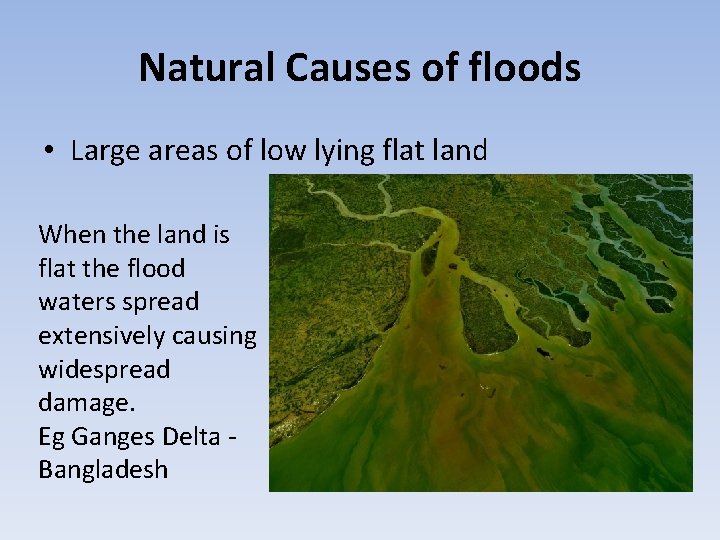 Natural Causes of floods • Large areas of low lying flat land When the
