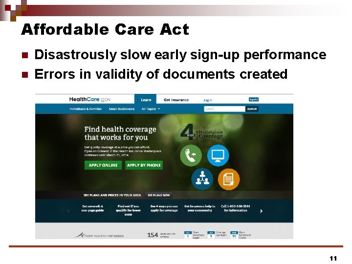Affordable Care Act n n Disastrously slow early sign-up performance Errors in validity of