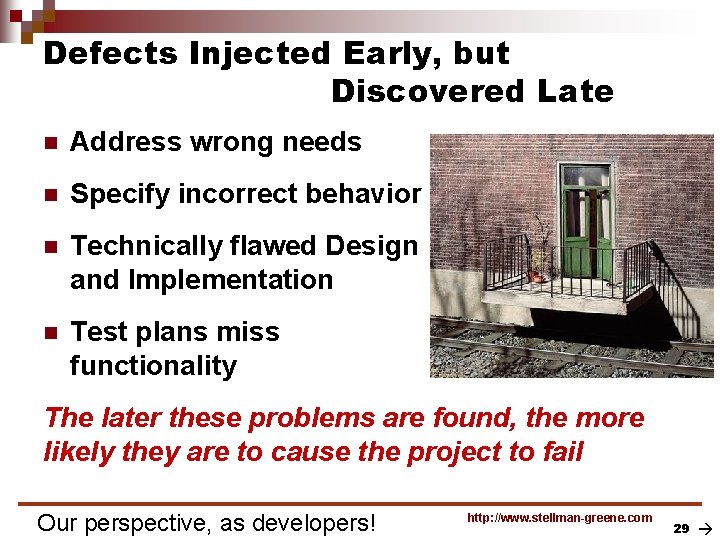 Defects Injected Early, but Discovered Late n Address wrong needs n Specify incorrect behavior