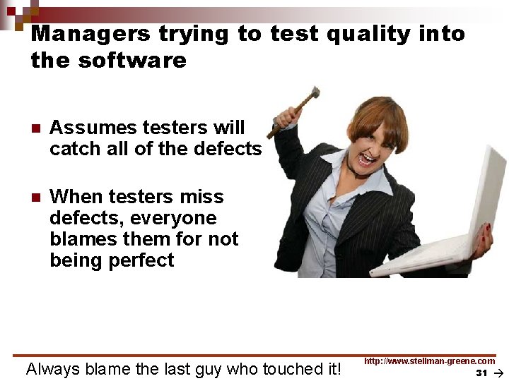 Managers trying to test quality into the software n Assumes testers will catch all