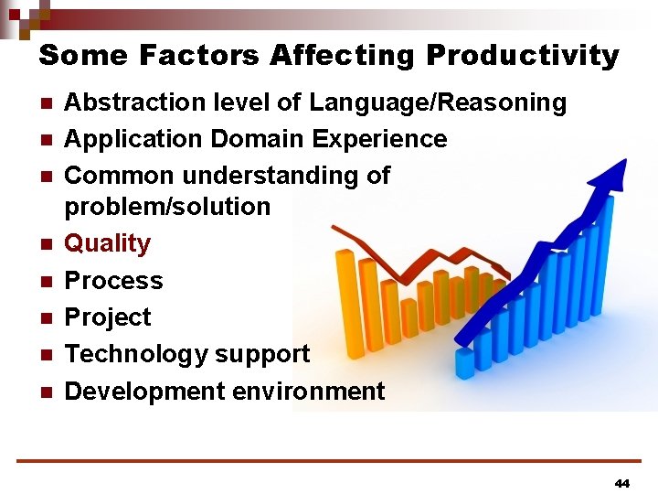 Some Factors Affecting Productivity n n n n Abstraction level of Language/Reasoning Application Domain