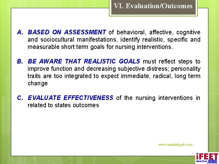 VI. Evaluation/Outcomes A. BASED ON ASSESSMENT of behavioral, affective, cognitive and sociocultural manifestations, identify