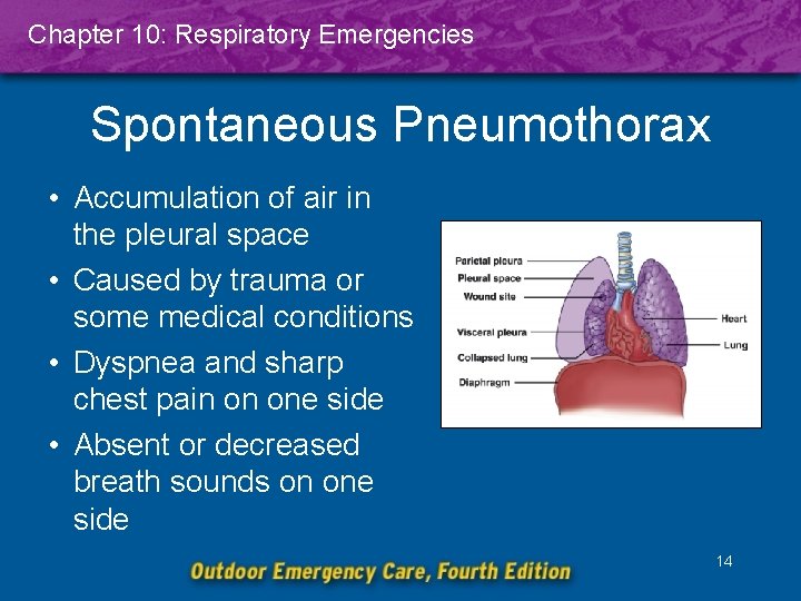 Chapter 10: Respiratory Emergencies Spontaneous Pneumothorax • Accumulation of air in the pleural space