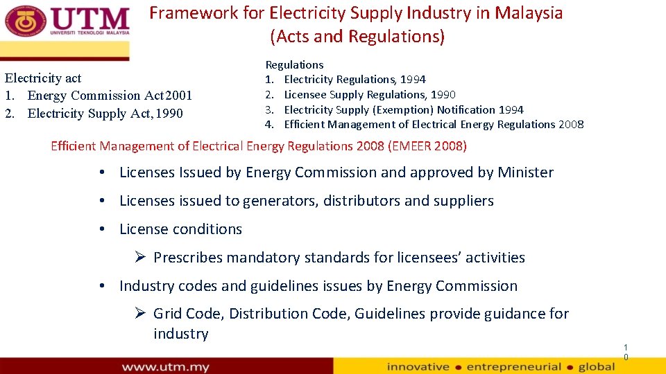 Framework for Electricity Supply Industry in Malaysia (Acts and Regulations) Electricity act 1. Energy