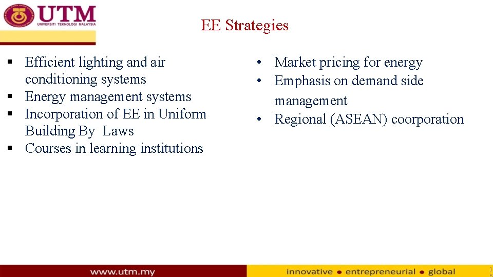EE Strategies Efficient lighting and air conditioning systems Energy management systems Incorporation of EE