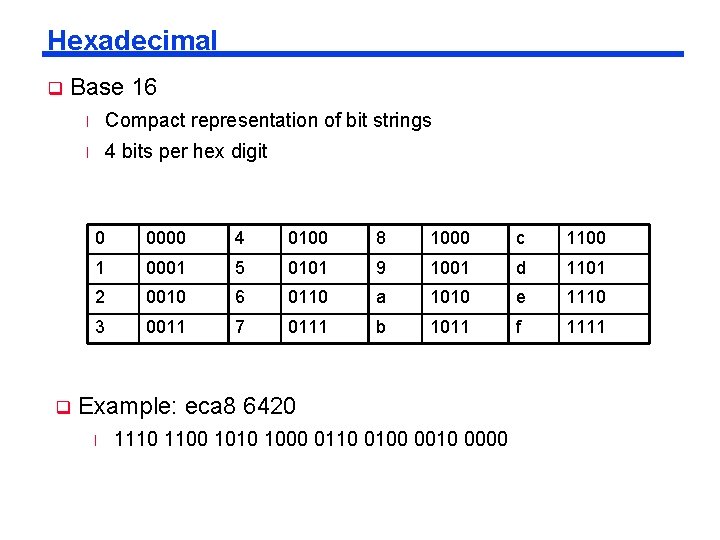 Hexadecimal q Base 16 q l Compact representation of bit strings l 4 bits