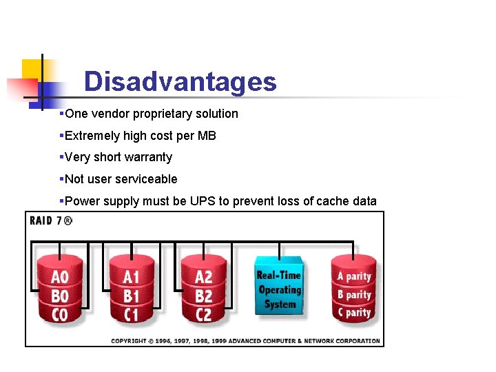 Disadvantages §One vendor proprietary solution §Extremely high cost per MB §Very short warranty §Not