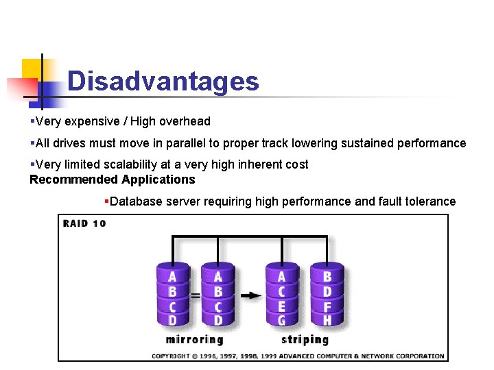 Disadvantages §Very expensive / High overhead §All drives must move in parallel to proper