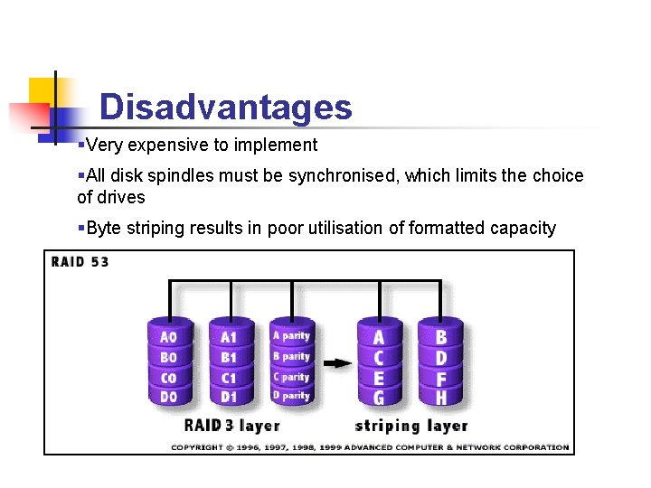 Disadvantages §Very expensive to implement §All disk spindles must be synchronised, which limits the