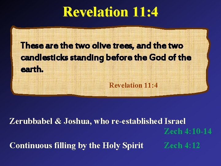 Revelation 11: 4 These are the two olive trees, and the two candlesticks standing