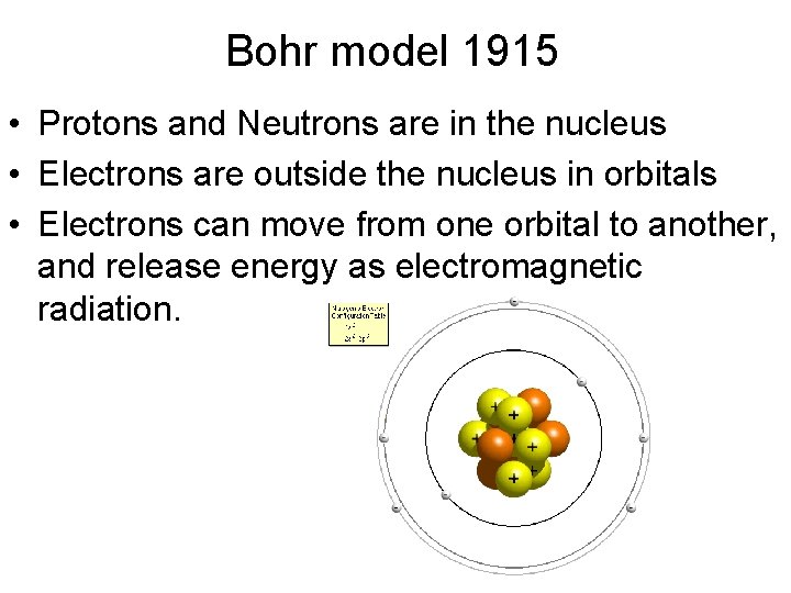 Bohr model 1915 • Protons and Neutrons are in the nucleus • Electrons are Bohr model 1915 • Protons and Neutrons are in the nucleus • Electrons are