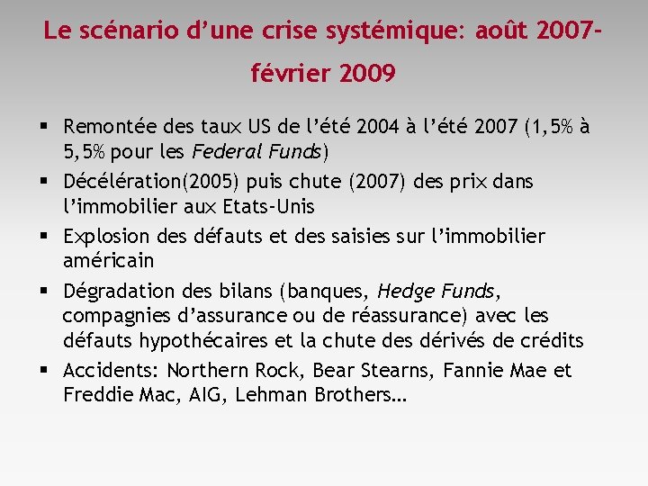 Le scénario d’une crise systémique: août 2007 février 2009 § Remontée des taux US