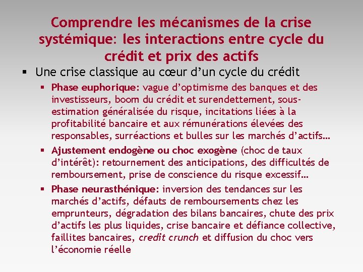 Comprendre les mécanismes de la crise systémique: les interactions entre cycle du crédit et