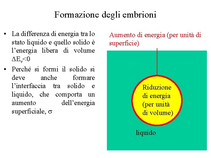 Formazione degli embrioni • La differenza di energia tra lo stato liquido e quello