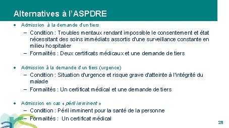 Alternatives à l’ASPDRE Admission à la demande d’un tiers Condition : Troubles mentaux rendant