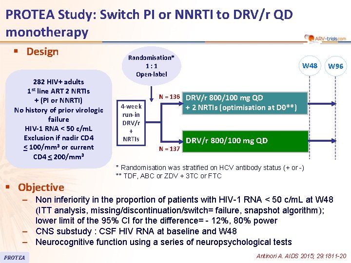 PROTEA Study: Switch PI or NNRTI to DRV/r QD monotherapy § Design 282 HIV+