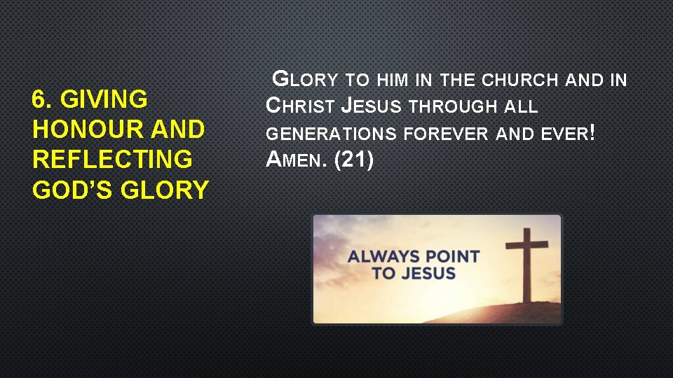 6. GIVING HONOUR AND REFLECTING GOD’S GLORY TO HIM IN THE CHURCH AND IN