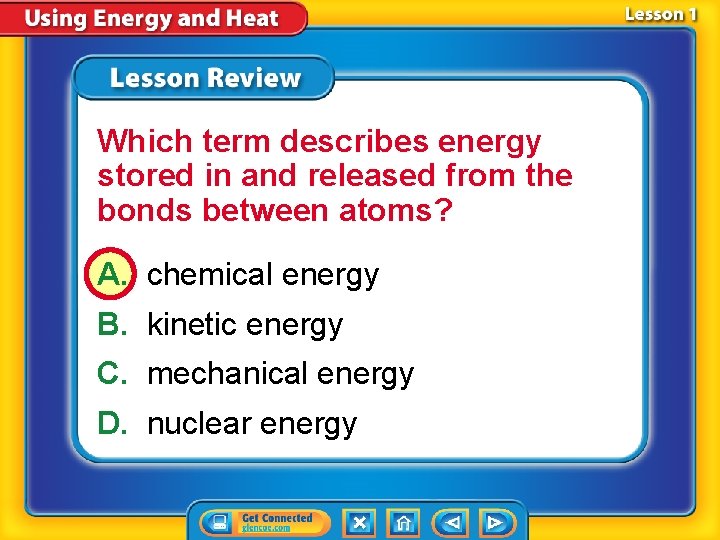 Which term describes energy stored in and released from the bonds between atoms? A.