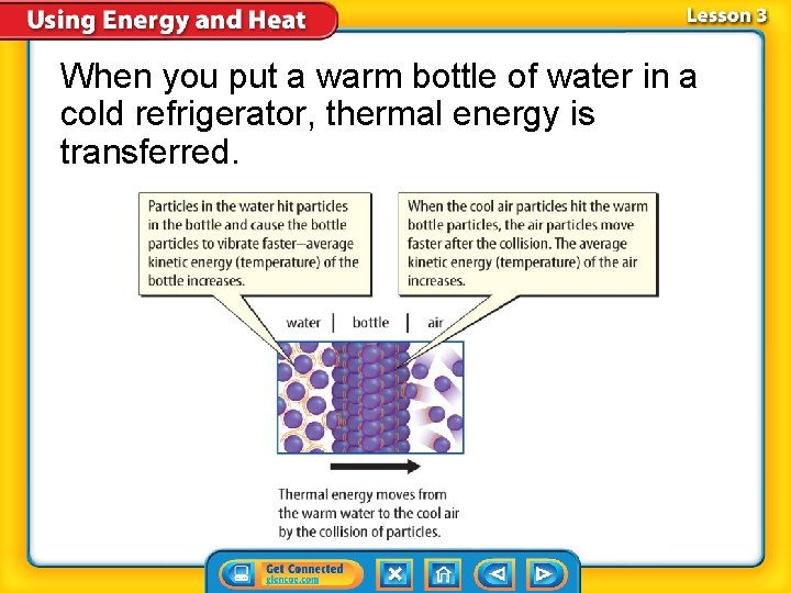 When you put a warm bottle of water in a cold refrigerator, thermal energy
