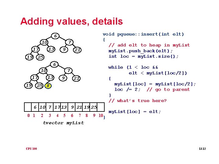 Adding values, details void pqueue: : insert(int elt) { // add elt to heap